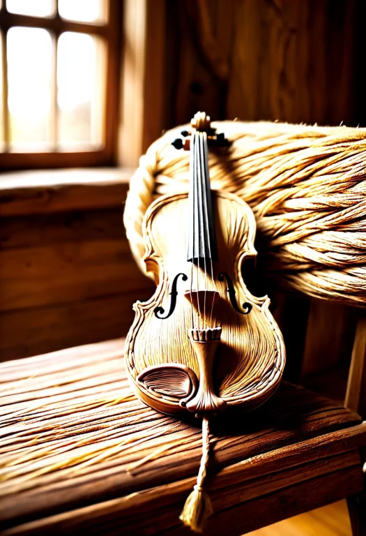 A Delicate Violin Made Out Of Tightly Bound Golden Straw And...