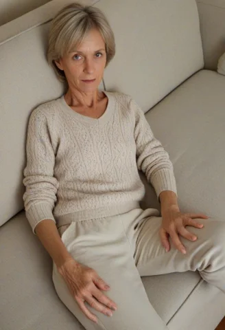 45 Year Old Woman, Skinny, Narrow Face, Face Only, Sweater,... — SDXL AI Prompt: 45 year old woman, skinny, narrow face, face only, sweater, beige sweatpants, ha...