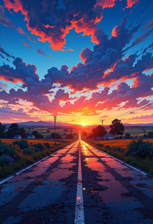 Biking Down A Country Road On A Sunset Evening, Colorful, Bl...