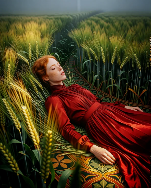 A Ginger Woman Lies In A Wind-cut Trough Of Tall Green Barle...