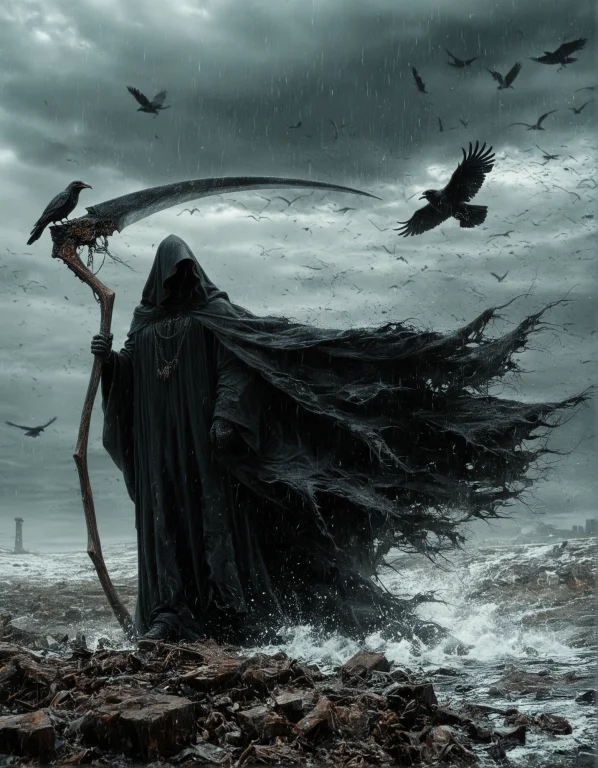 Photorealistic, Male Grim Reaper, Tall Figure, Long Black Ro...