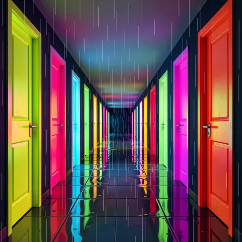 A Corridor Of Doors Each Glowing A Different Color, Flat Des... — Stable Diffusion AI Prompt: a corridor of doors each glowing a different color, flat design, studio lighting...