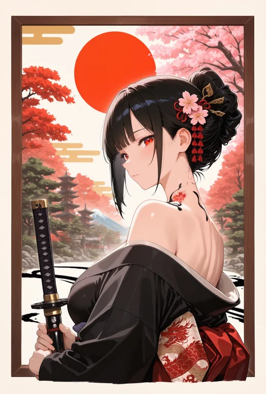 1girl, Mature Female, Katana, Black Hair, Straight Hair, Blu...