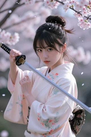 This Image Features A Japanese Woman In Traditional Clothing... — Stable Diffusion AI Prompt: This image features a Japanese woman in traditional clothing holding a sword ami...