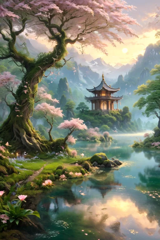 A Serene, Mystical Scene Featuring A Tranquil Lake With A Ge...