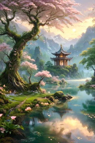 A Serene, Mystical Scene Featuring A Tranquil Lake With A Ge... — SDXL AI Prompt: A serene, mystical scene featuring a tranquil lake with a gentle stream flowing...