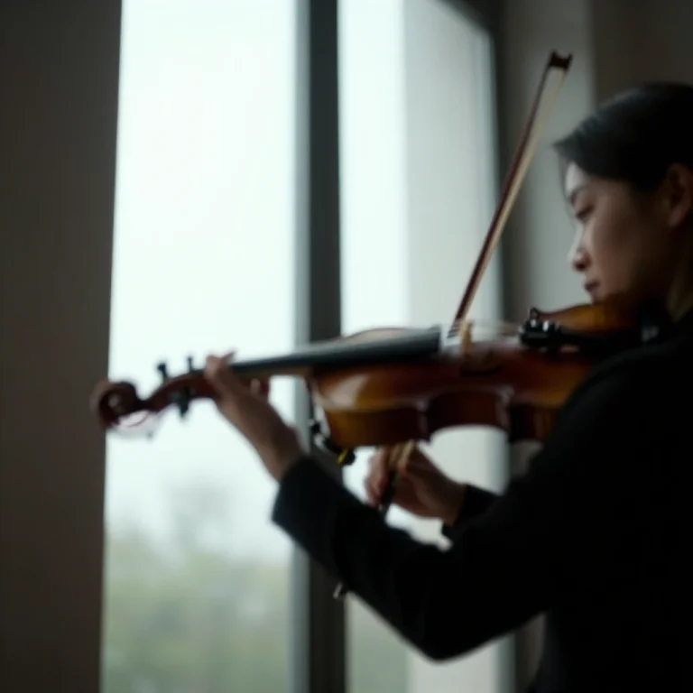 A Violinist Rehearsing By A Tall Window, Extreme Close-up, C...