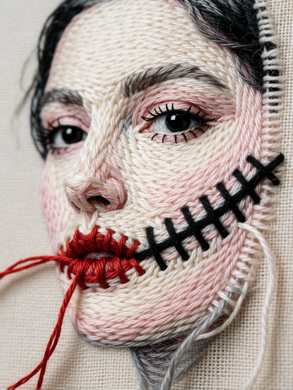 Womans Face Stitched Directly Into Raw Linen, But The Thread...