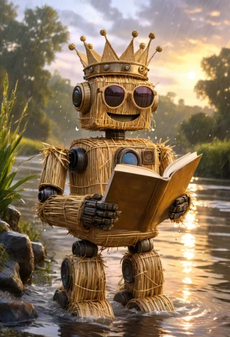 Fantasy Straw Robot Prompt — SDXL AI Prompt: robot, made of straw, laughing, wearing sunglasses, wearing a crown, wearing paj...