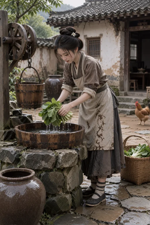 古装，中远距离全身劳动场景，一名年轻中国女子站在乡村石井旁清...