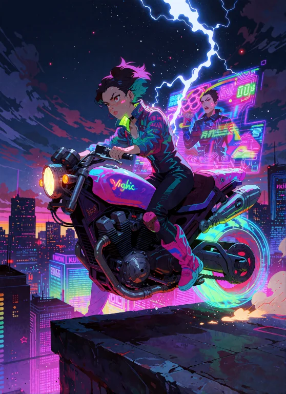 Modenijianime, Neon Biker Fashion, Solo, Rebellious Power, A...