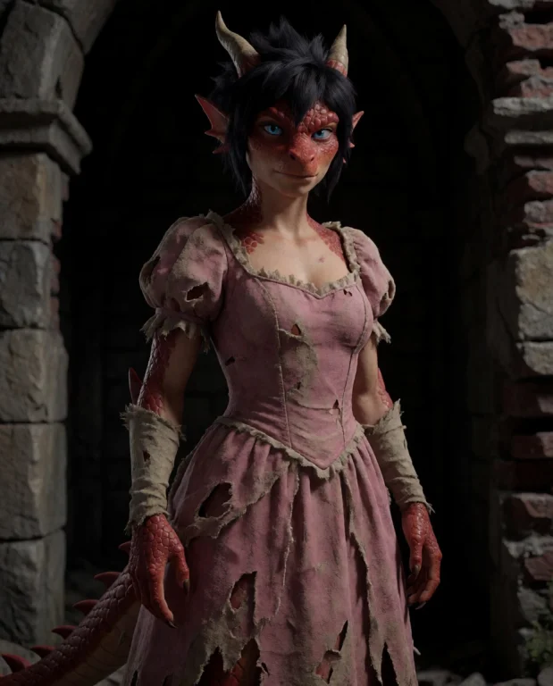 Cinematic Shot Of An Anthro Dragon Woman. She Is Wearing A R...