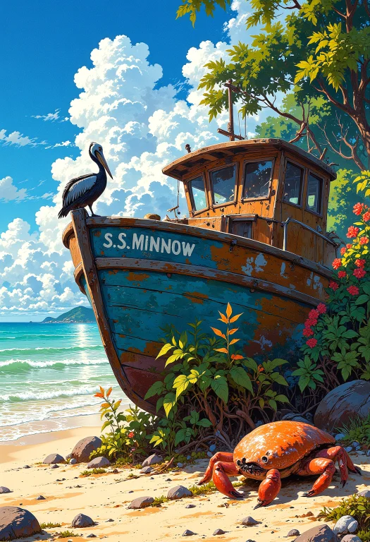 An Abandoned Boat On A Tropical Vacation, A Pelican Sits On...