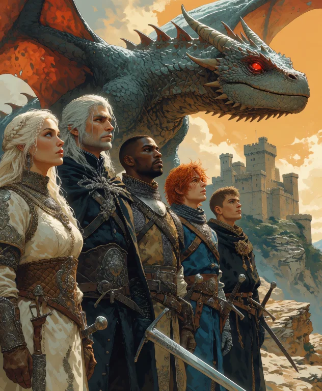 A Cinematic Fantasy Illustration Of Five Diverse Characterst...