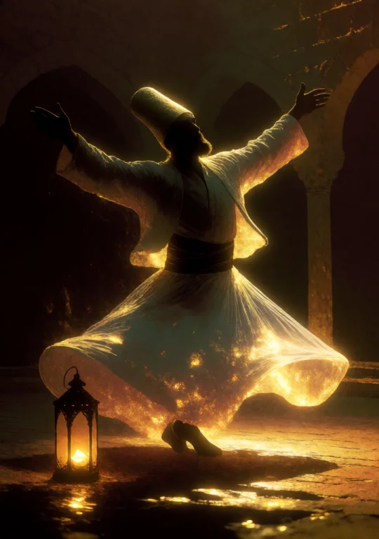 A Whirling Dervish In A Stone Courtyard, His White Robe Flar...