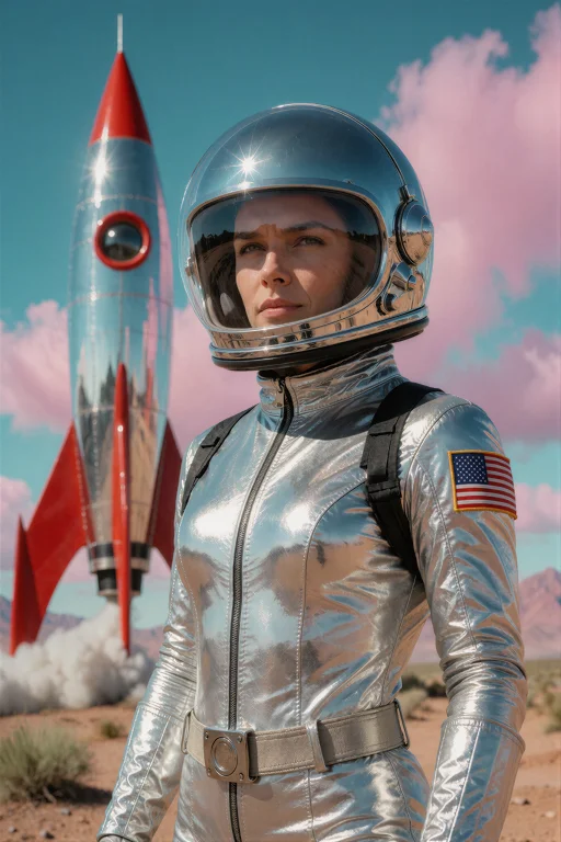 Retrofuturismbymrjohn, A Confident Pilot Wearing A Sleek Chr...