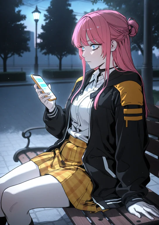 1girl, Solo, Holding A Glowing Smartphone, Sitting On A Park...