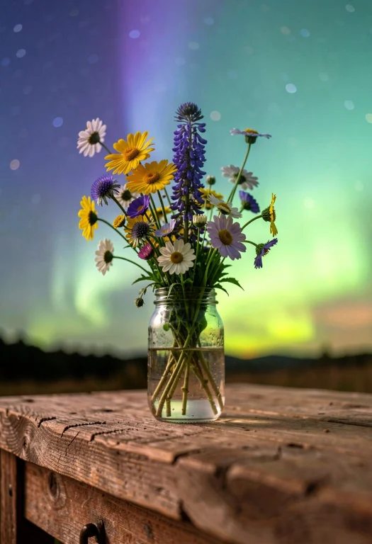 A Jar Of Wildflowers On A Rough Wooden Table, Aurora Glow, M...
