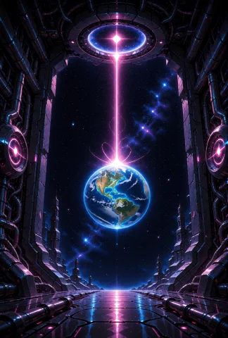 A Cosmic Sci-fi Illustration Featuring A Miniature Earth Flo... — Stable Diffusion AI Prompt: A cosmic sci-fi illustration featuring a miniature Earth floating in the center...