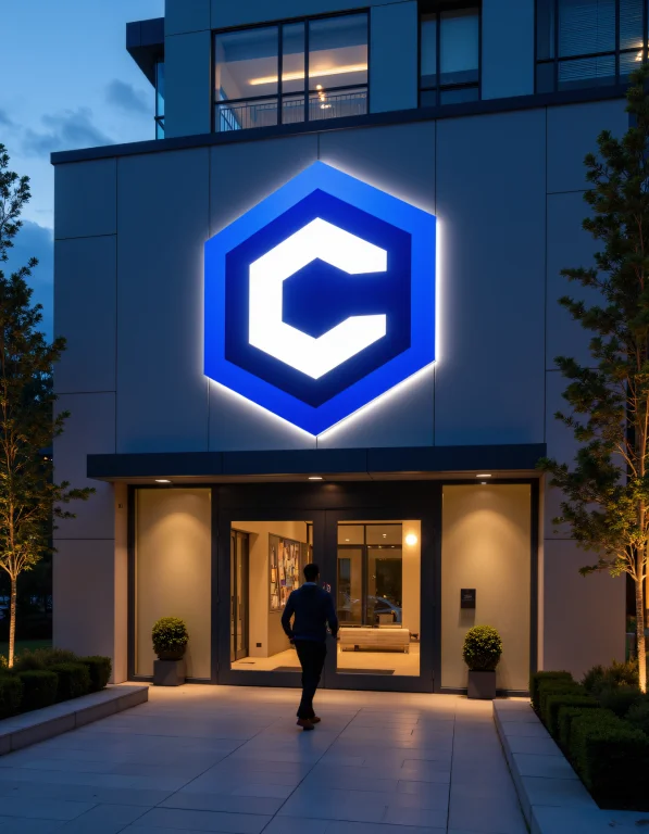 Capture The Entrance Of A Modern Office Building With The Ci...