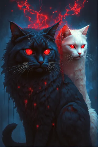 Two Mystical Cats, One Black, The Other Snow-white, Sit Side... — Stable Diffusion AI Prompt: Two mystical cats, one black, the other snow-white, sit side by side in tense sy...