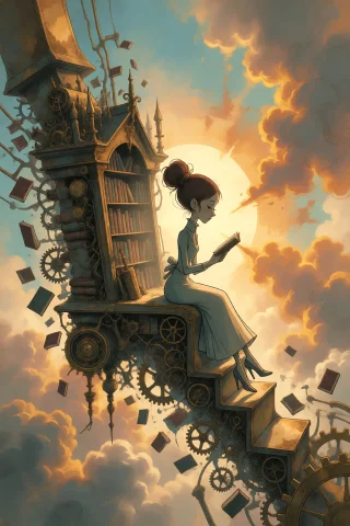 Strangedaal. Whimsical Yet Dark Surreal Steampunk Library Fl... — Stable Diffusion AI Prompt: StrangeDaal. Whimsical yet dark surreal steampunk library floating among the clo...