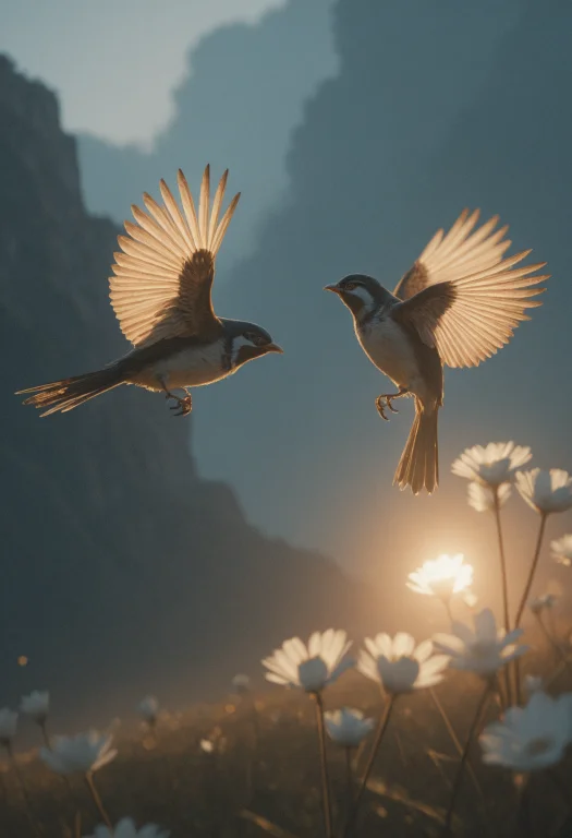 Two Flycatchers, Flying Near Flowers, In The Wild, Shot By C...