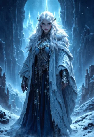 A Mesmerizing Dark Fantasy Concept Art Illustration Featurin... — FLUX AI Prompt: A mesmerizing dark fantasy concept art illustration featuring an enchanting ice...