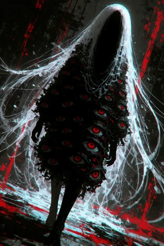 Stable Diffusion M4nga5tyle Prompt — Stable Diffusion AI Prompt: M4nga5tyle, digit@lh@unt, japanese monster, yokai, hyakume, (many eyes on her ho...