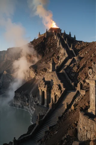 Supergroundview, An Ancient Volcanic Temple City Descends In... — Stable Diffusion AI Prompt: supergroundview, An ancient volcanic temple city descends in tiers down a smolde...