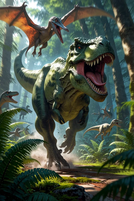 , T-rex Running At Full Speed Through A Prehistoric Jungle F...