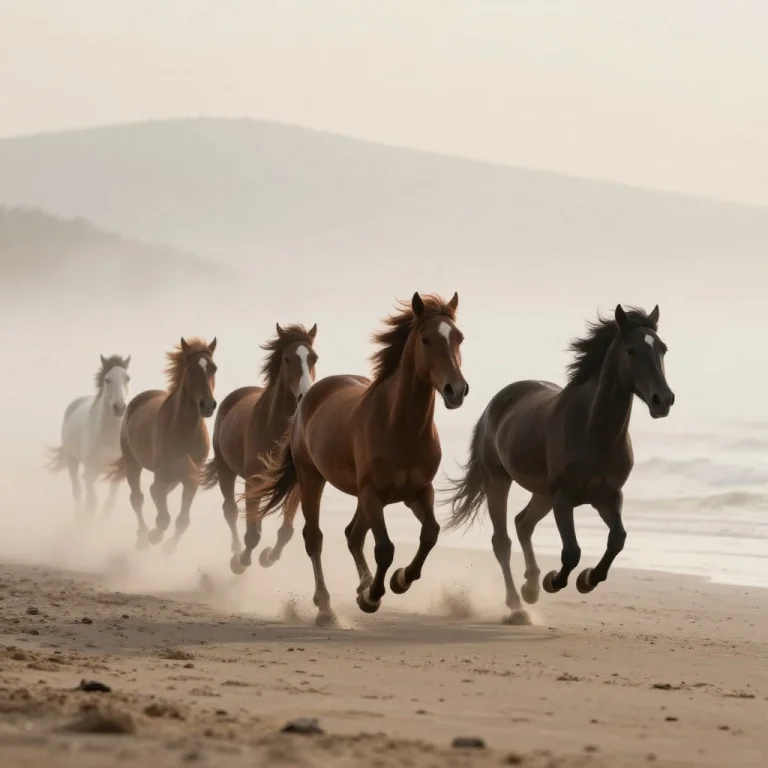 Wild Horses Galloping Along A Wide Beach, In Drifting Mist,...