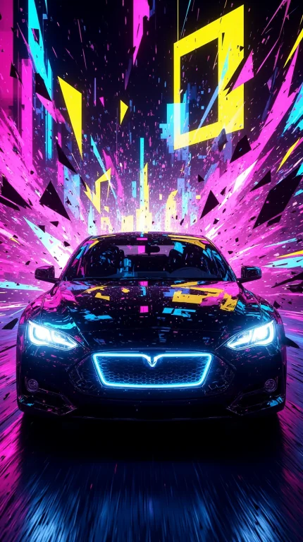 Futuristic Electric Car, Glossy Black Body Reflecting Neon S...