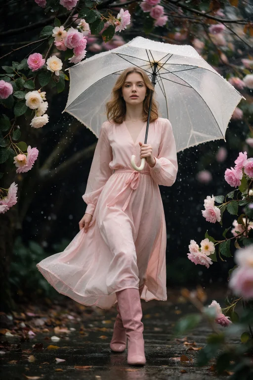 An Elegant Young Woman, Dressed In A Flowing Pale Pink Dress...