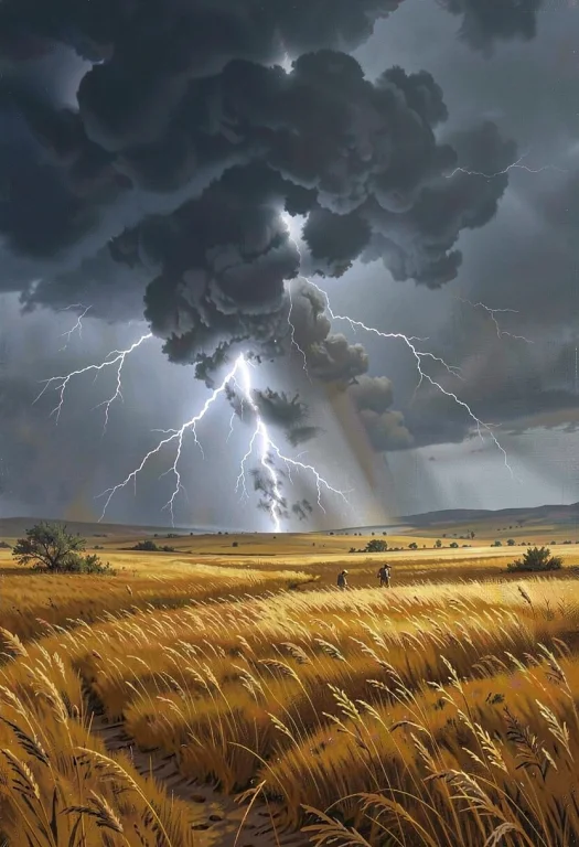 A Thunderstorm Rolling Over Open Golden Plains, Matte Painti...