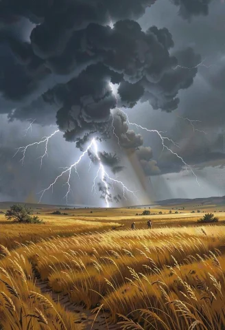 A Thunderstorm Rolling Over Open Golden Plains, Matte Painti... — Stable Diffusion AI Prompt: a thunderstorm rolling over open golden plains, matte painting, ethereal mood, h...