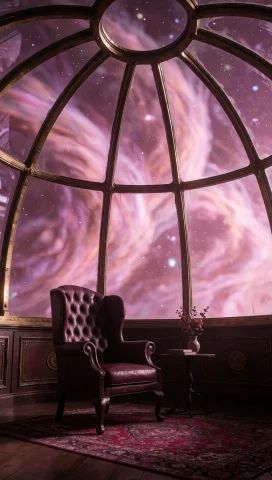 26. Spacefarer Observatory Deck, Victorian Leather Armchair,... — Stable Diffusion AI Prompt: 26. Spacefarer observatory deck, victorian leather armchair, expansive glass dom...