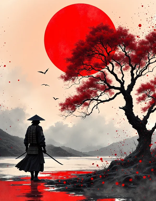 Silhouette Of A Samurai, Serene And Resolute, Positioned Ami...