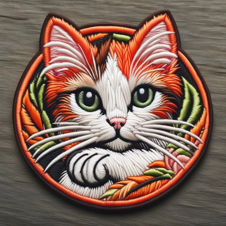 A Circular Embroidered Patch Of An Orange Tabby Cat With A L...