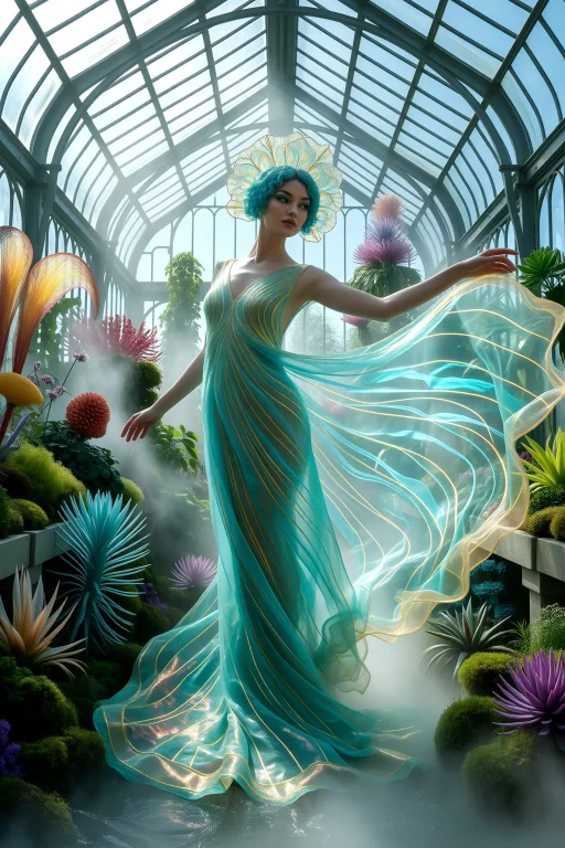 Inside A Greenhouse Dripping With Holographic Mist, A Model...