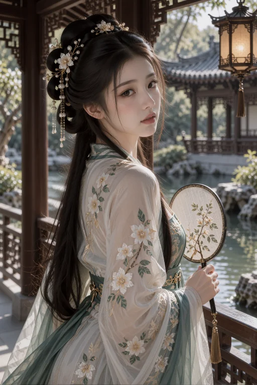 中近距离侧背人物画面，一名年轻中国女子站在临水木亭栏杆旁，躯...