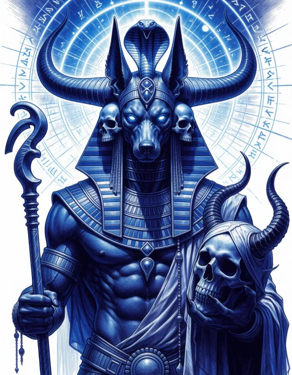 A High-contrast, Monochromatic Blue Ink Drawing Of A Deity B...