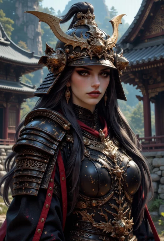 Portrait Of Female Japanese Samurai In Leather And Bronze Ar...