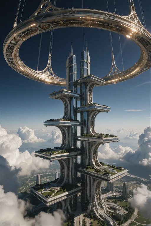 Supergroundview, A Vertical Orbital Ring City Descends From...