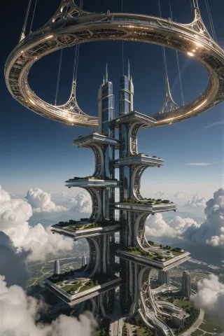 Supergroundview, A Vertical Orbital Ring City Descends From... — Stable Diffusion AI Prompt: supergroundview, A vertical orbital ring city descends from a massive suspended...