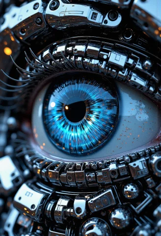 An Extreme Close-up Of A Futuristic Robots Eye, Featuring In... — FLUX AI Prompt: An extreme close-up of a futuristic robot's eye, featuring intricate mechanical...