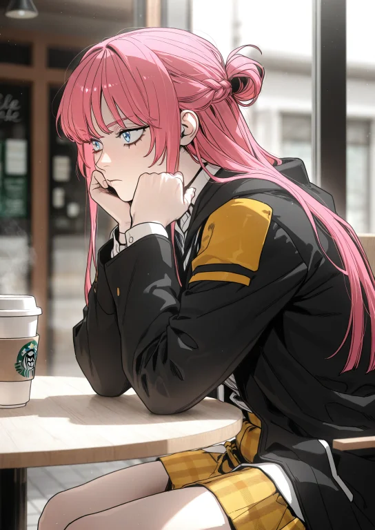 1girl, Solo, Resting Chin On Hands, Sitting At A Cafe Table,...