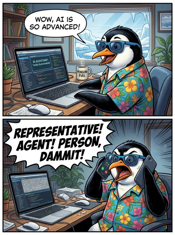 Generate Me A Funny 2 Panel Comic Image Of A Penguin In Sung...