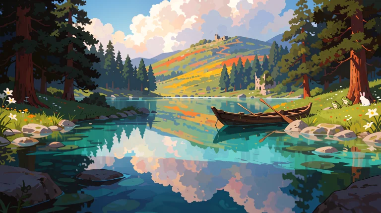 Calm Turquoise Lake Reflecting Fluffy Clouds, Green Banks  P...