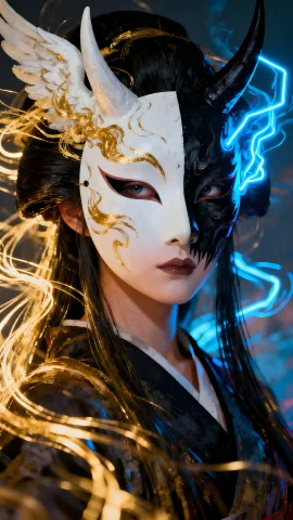 A Vintage Abstract Artwork Of Ethereal Chaotic Brushstrokes,... — Stable Diffusion AI Prompt: A vintage abstract artwork of ethereal chaotic brushstrokes, geisha mask illumin...
